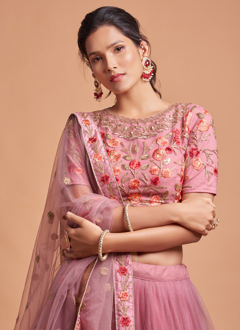 Dusty Pink Net Embroidered Designer Lehenga Choli