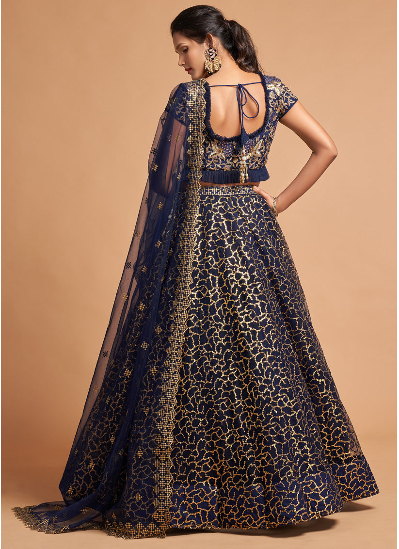 Navy Blue Net Embroidered Designer Lehenga Choli