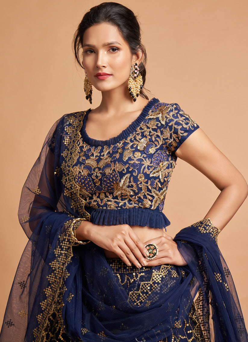 Navy Blue Net Embroidered Designer Lehenga Choli