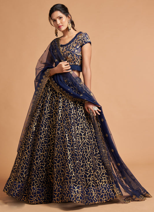 Navy Blue Net Embroidered Designer Lehenga Choli