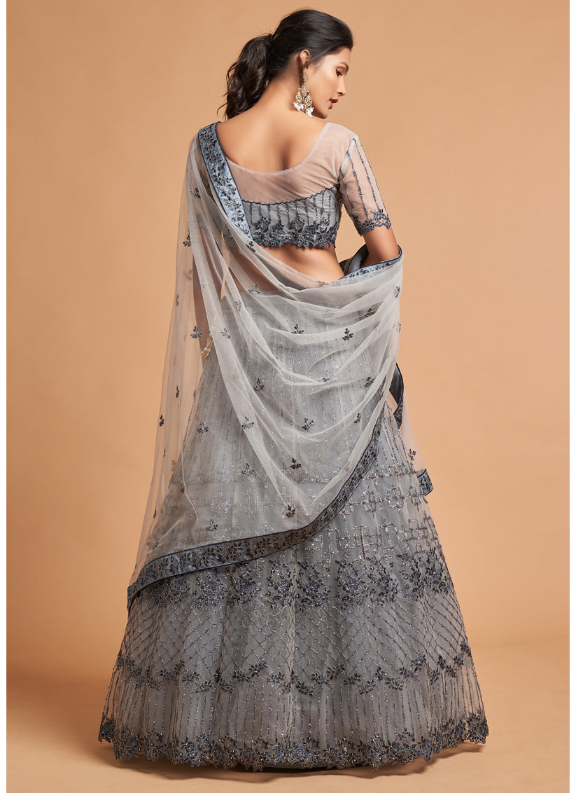 Smoke Grey Net Embroidered Designer Lehenga Choli