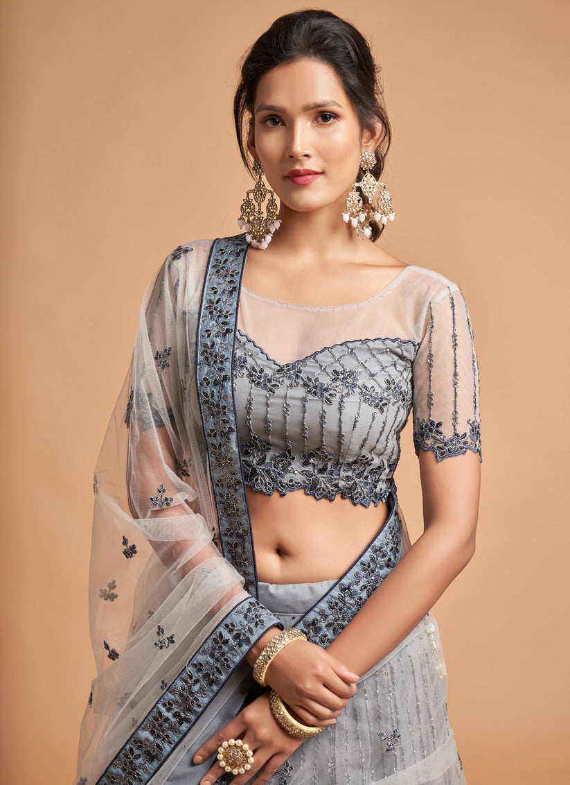 Smoke Grey Net Embroidered Designer Lehenga Choli