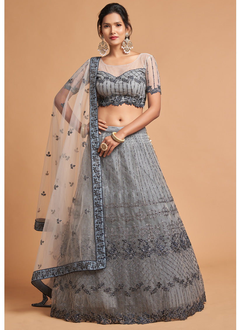 Smoke Grey Net Embroidered Designer Lehenga Choli