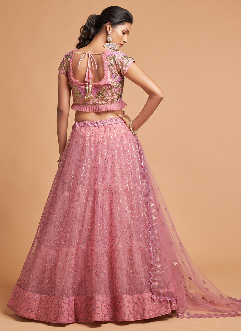 Carnation Pink Net Embroidered Designer Lehenga Choli