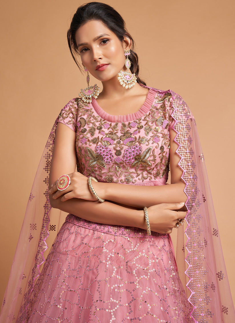 Carnation Pink Net Embroidered Designer Lehenga Choli