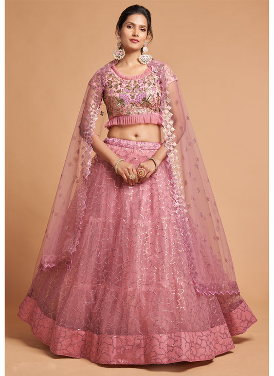 Carnation Pink Net Embroidered Designer Lehenga Choli