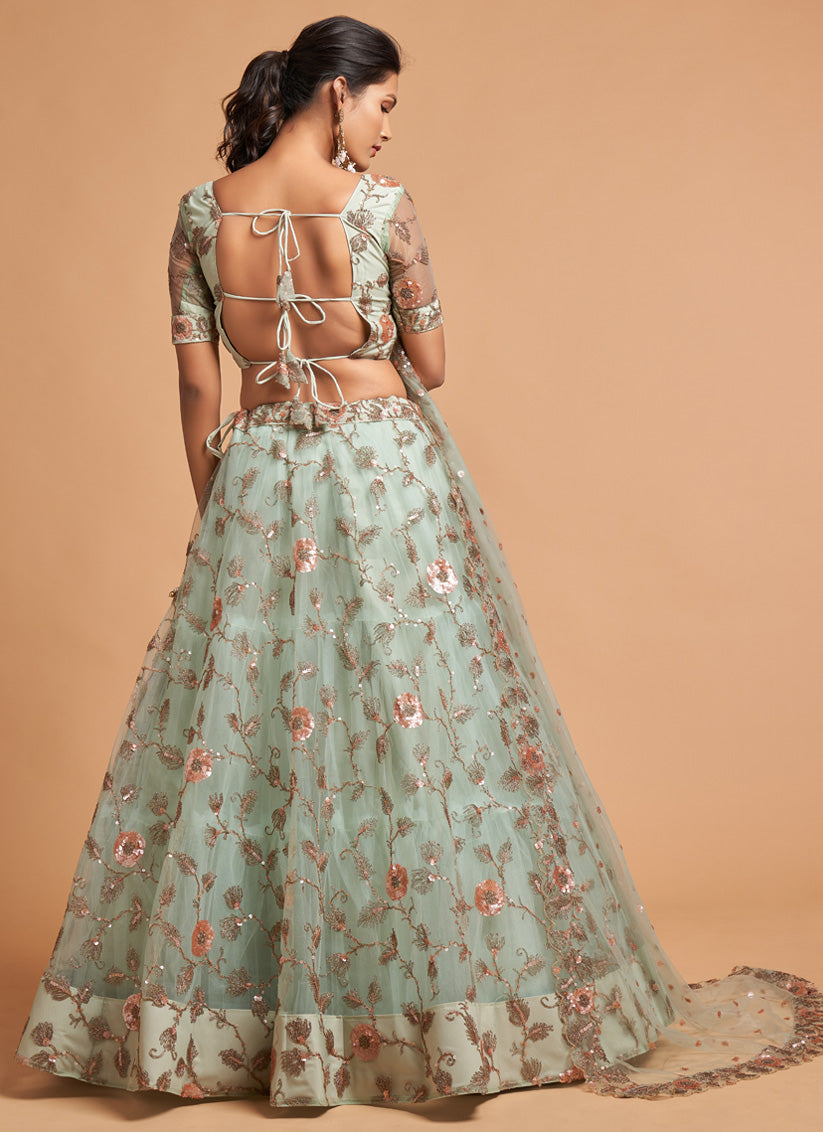 Mint Blue Net Embroidered Designer Lehenga Choli