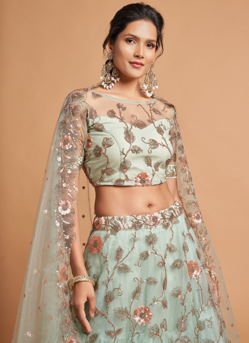 Mint Blue Net Embroidered Designer Lehenga Choli