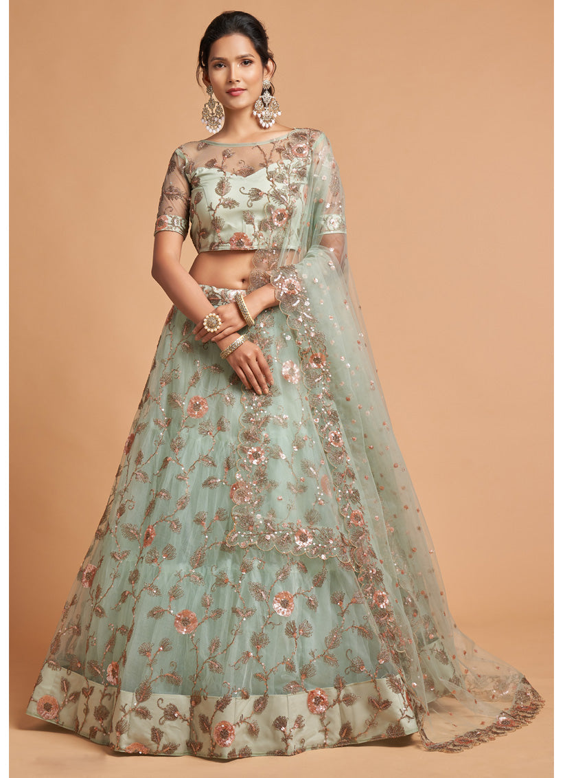 Mint Blue Net Embroidered Designer Lehenga Choli