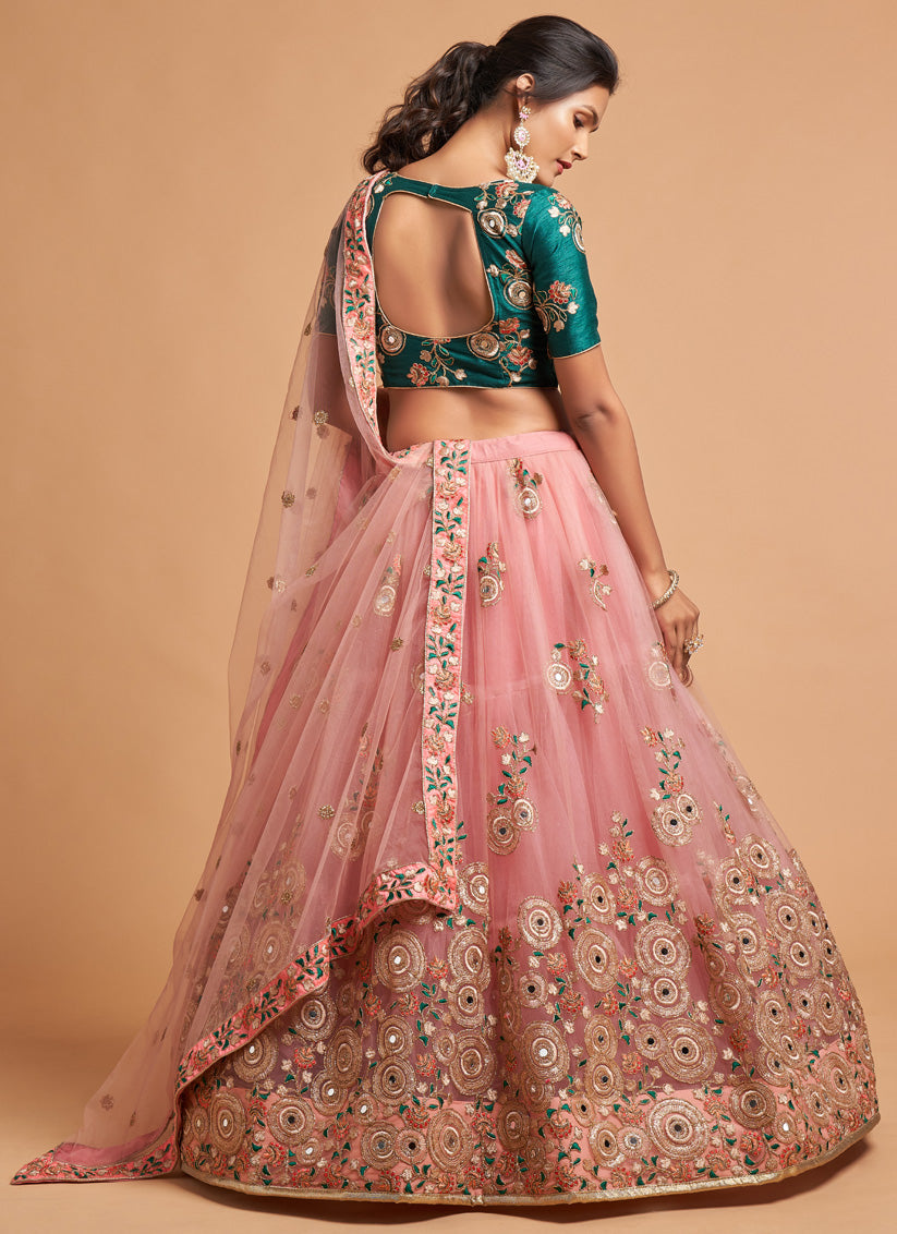 Coral Pink Net Embroidered Designer Lehenga Choli