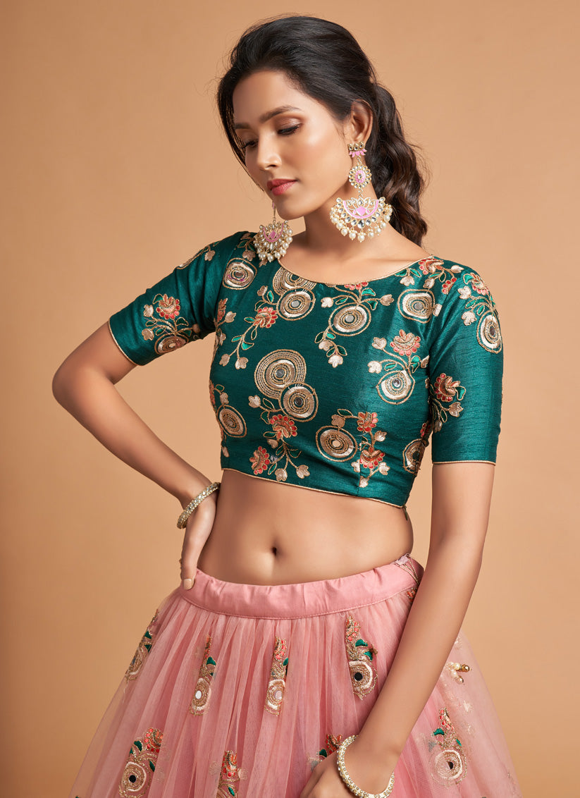 Coral Pink Net Embroidered Designer Lehenga Choli