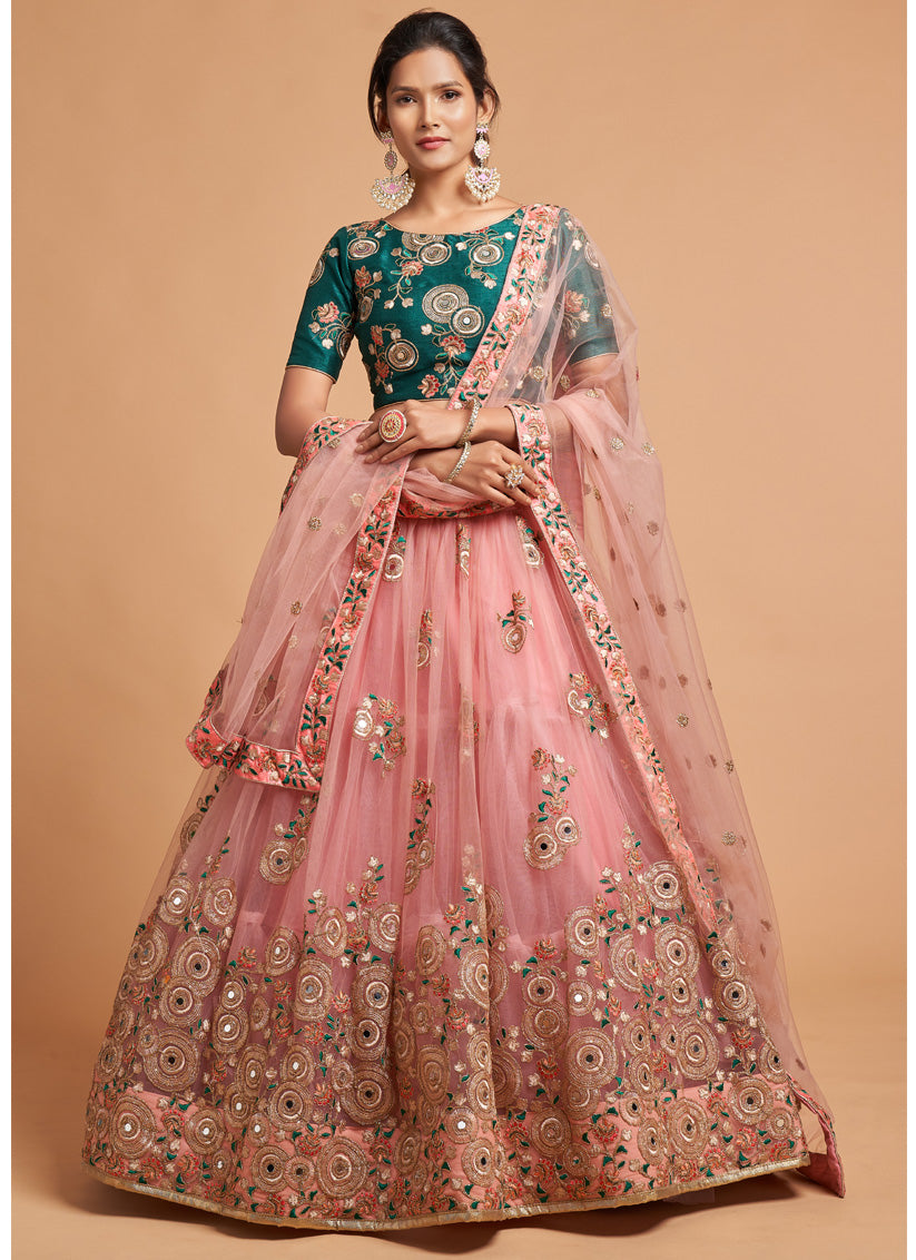 Coral Pink Net Embroidered Designer Lehenga Choli