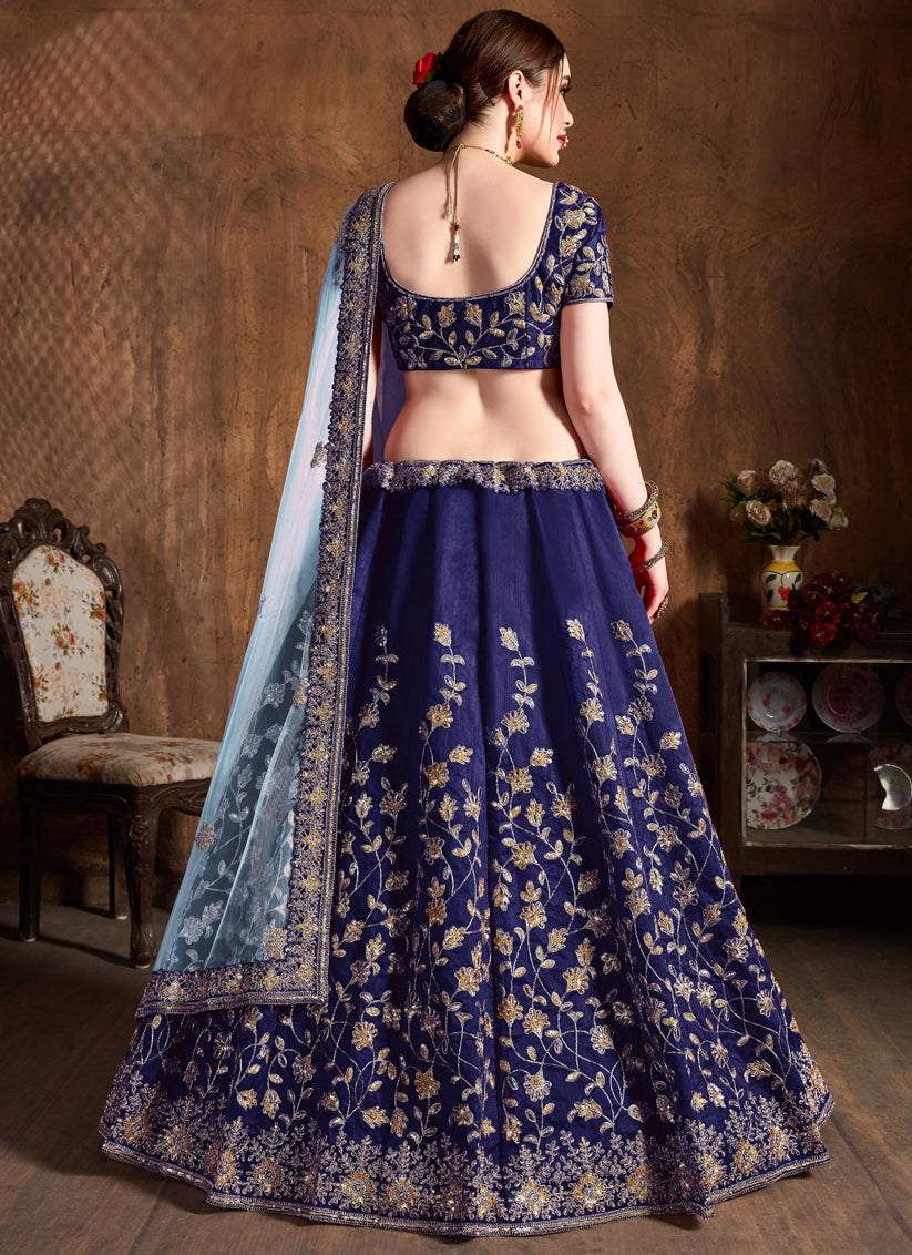 Navy Blue Raw Silk Embroidered Designer Lehenga Choli