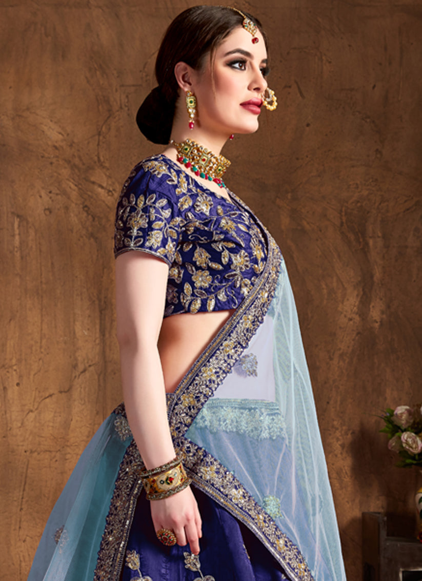 Navy Blue Raw Silk Embroidered Designer Lehenga Choli