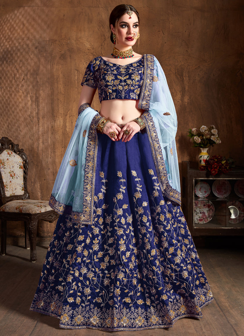 Navy Blue Raw Silk Embroidered Designer Lehenga Choli