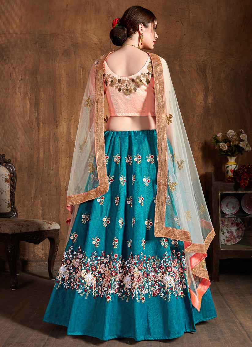 Teal Blue Raw Silk Embroidered Designer Lehenga Choli