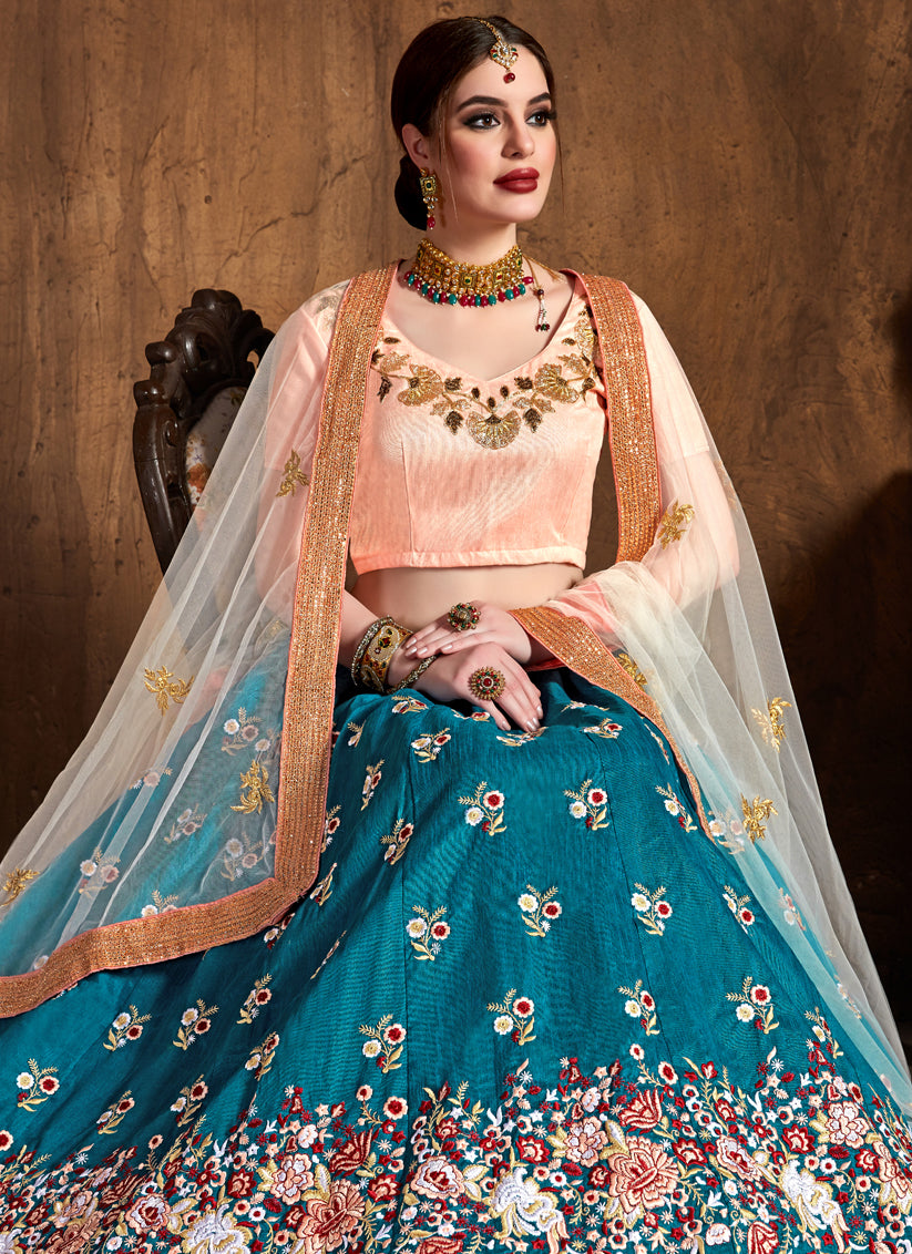 Teal Blue Raw Silk Embroidered Designer Lehenga Choli