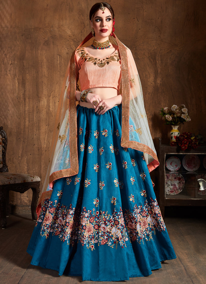 Teal Blue Raw Silk Embroidered Designer Lehenga Choli