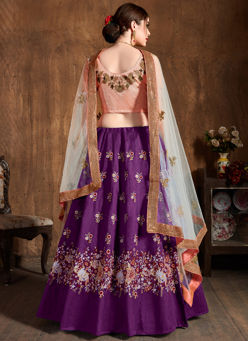 Purple Raw Silk Embroidered Designer Lehenga Choli