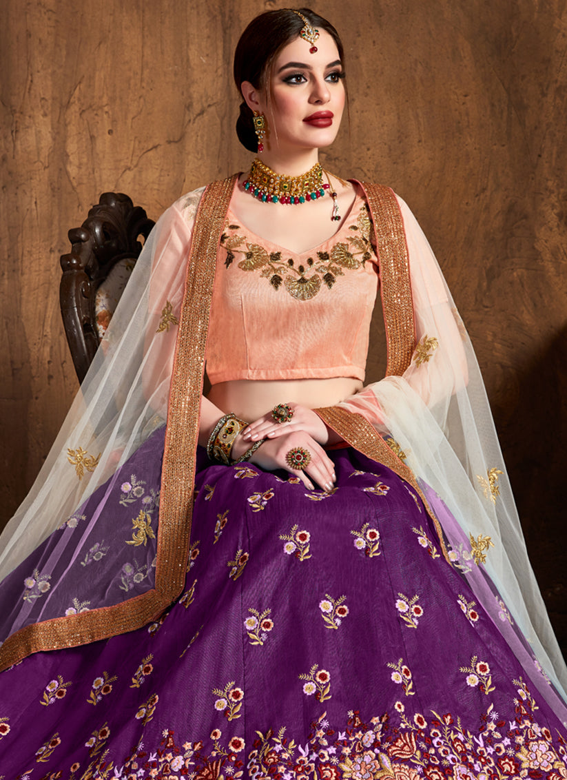 Purple Raw Silk Embroidered Designer Lehenga Choli