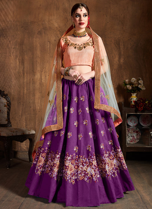 Purple Raw Silk Embroidered Designer Lehenga Choli