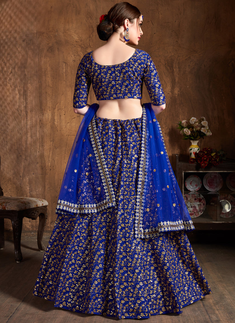 Royal Blue Raw Silk Embroidered Designer Lehenga Choli