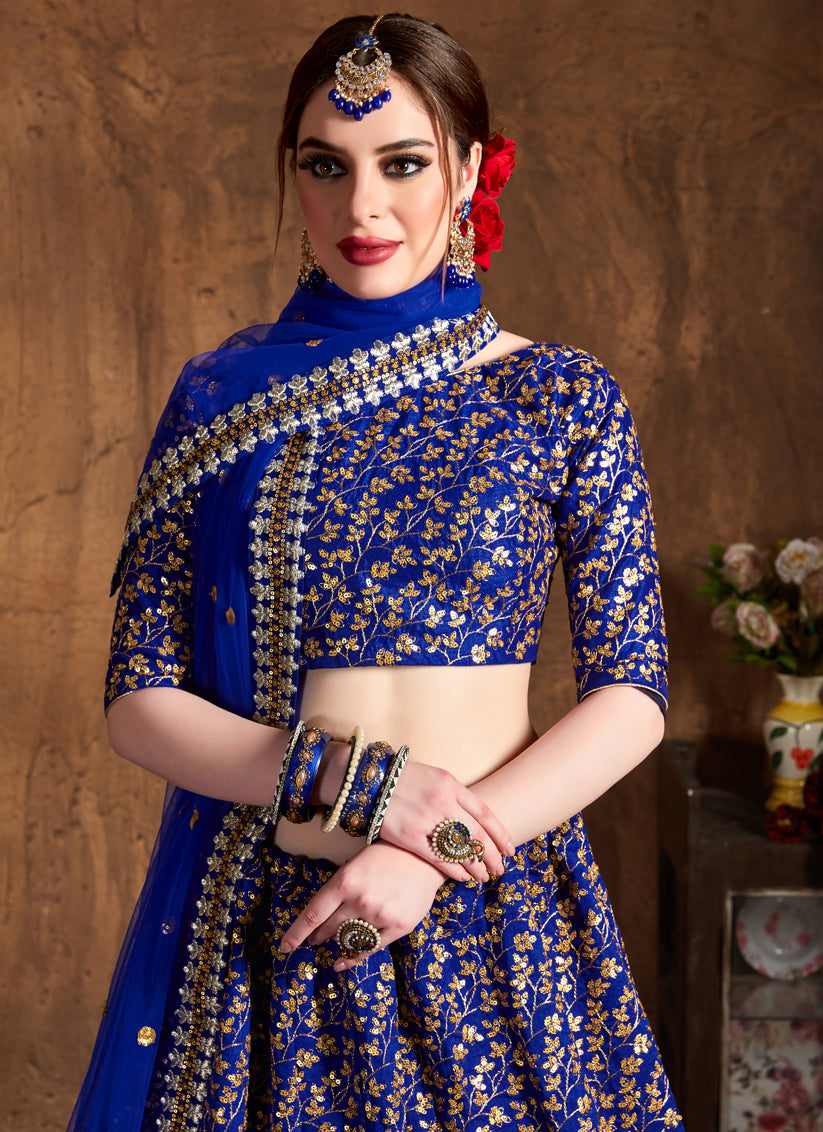 Royal Blue Raw Silk Embroidered Designer Lehenga Choli