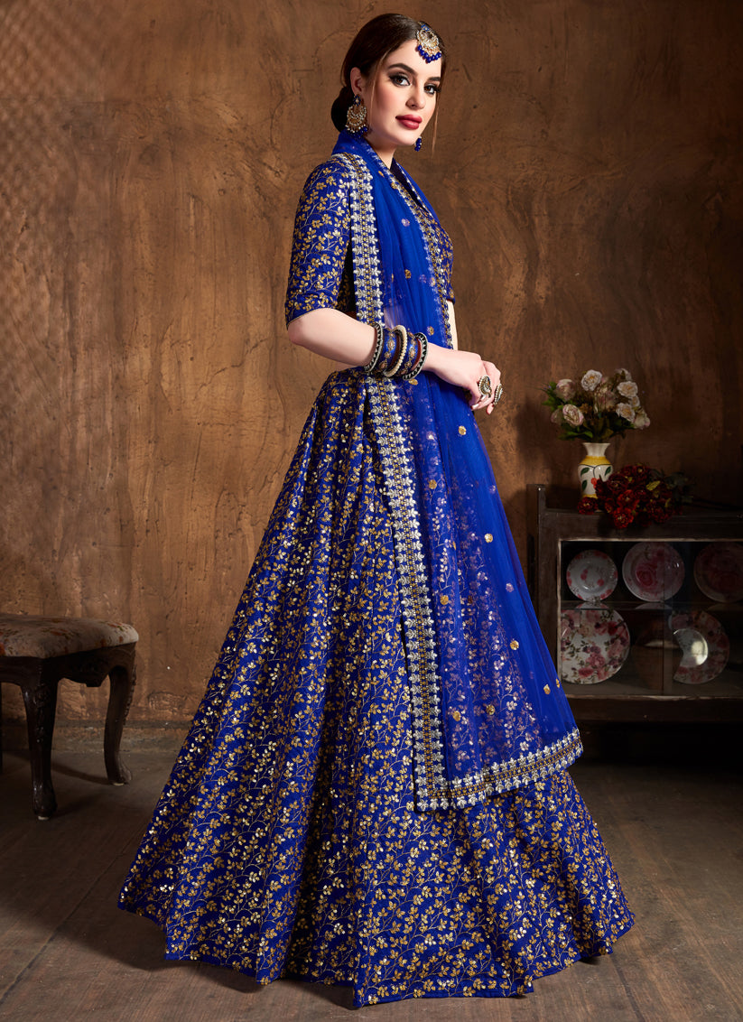 Royal Blue Raw Silk Embroidered Designer Lehenga Choli