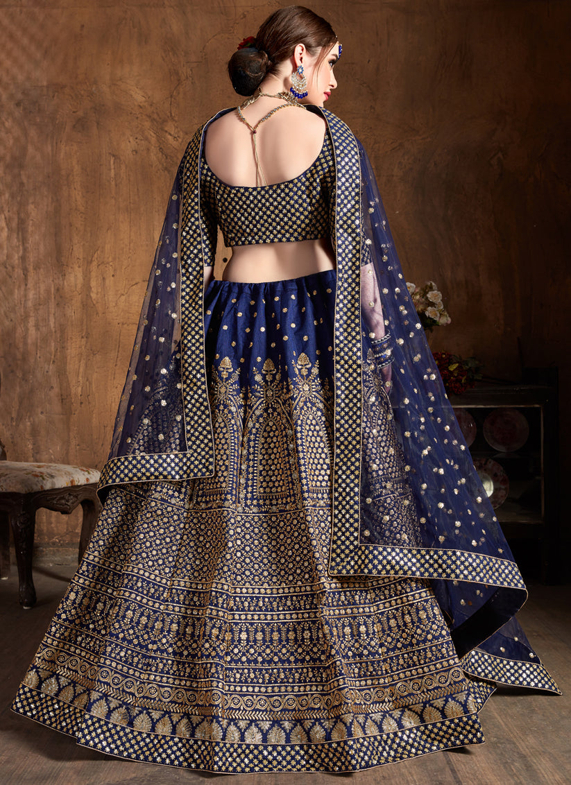 Navy Blue Raw Silk Embroidered Designer Lehenga Choli