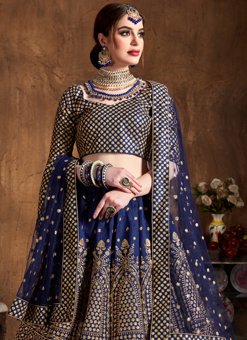 Navy Blue Raw Silk Embroidered Designer Lehenga Choli