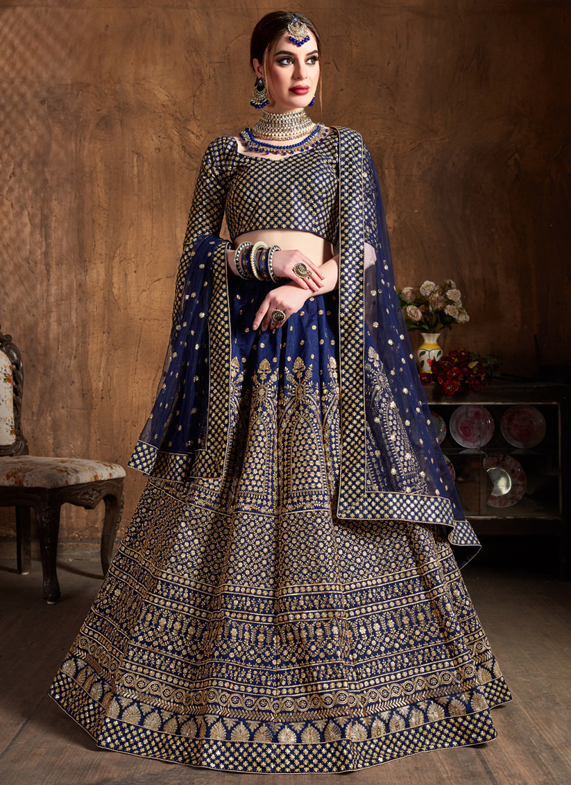 Navy Blue Raw Silk Embroidered Designer Lehenga Choli