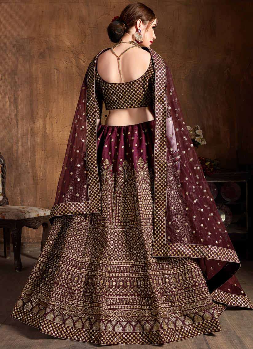 Maroon Raw Silk Embroidered Designer Lehenga Choli