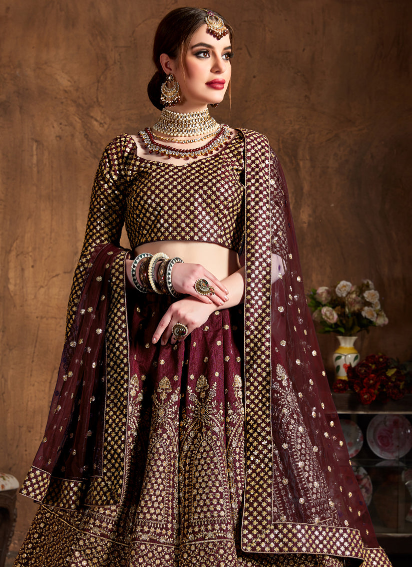 Maroon Raw Silk Embroidered Designer Lehenga Choli