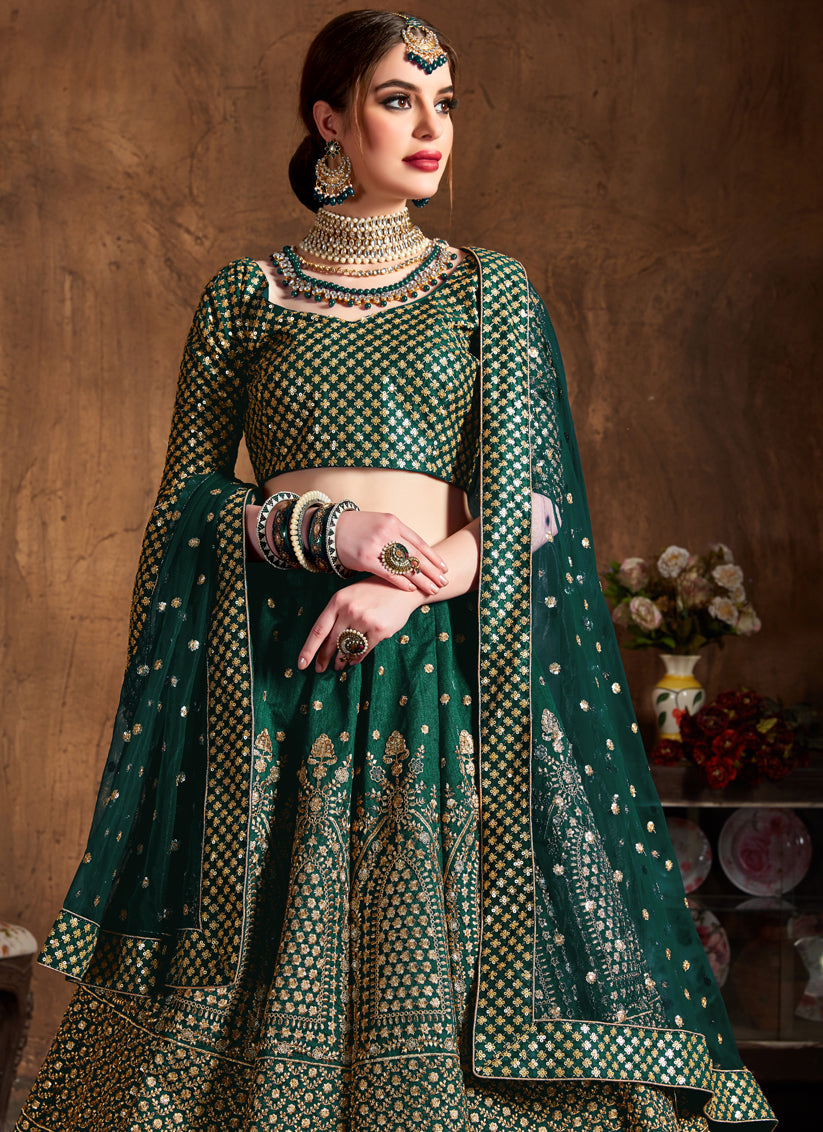 Green Raw Silk Embroidered Designer Lehenga Choli