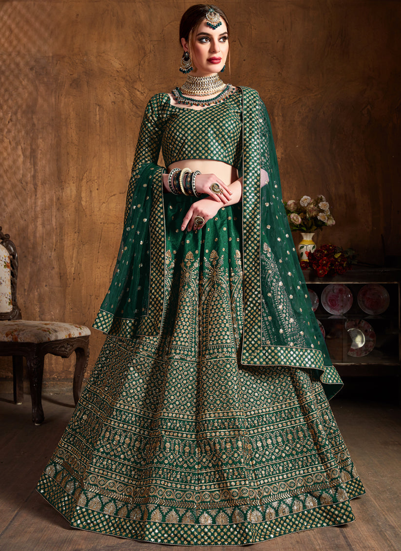 Green Raw Silk Embroidered Designer Lehenga Choli