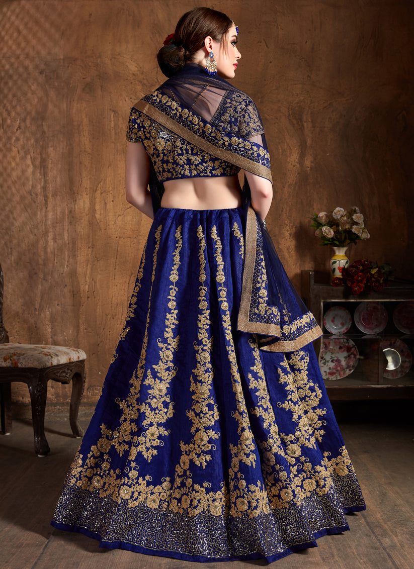 Navy Blue Raw Silk Embroidered Designer Lehenga Choli