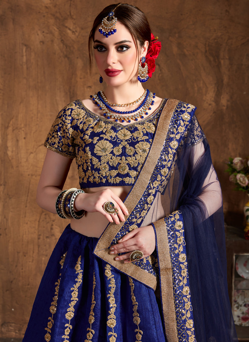 Navy Blue Raw Silk Embroidered Designer Lehenga Choli