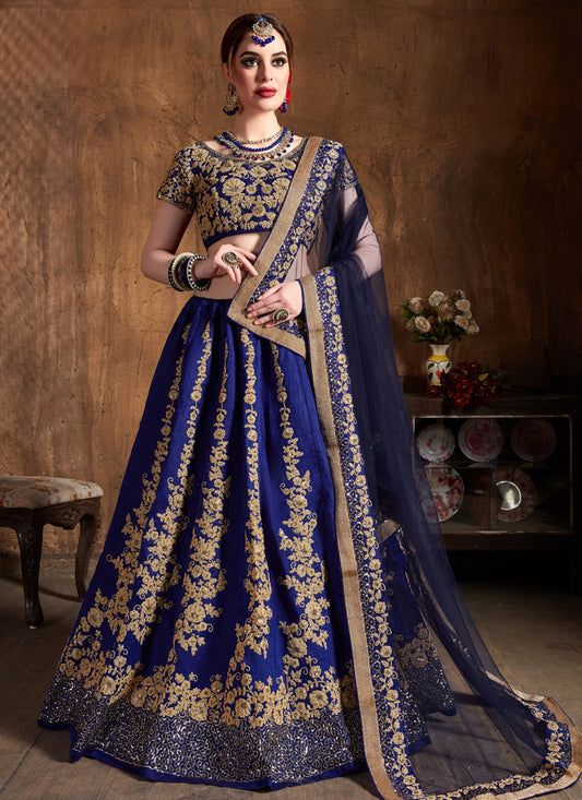 Navy Blue Raw Silk Embroidered Designer Lehenga Choli