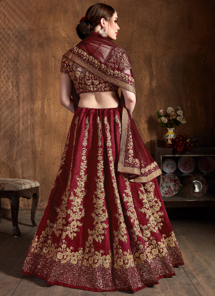 Maroon Raw Silk Embroidered Designer Lehenga Choli