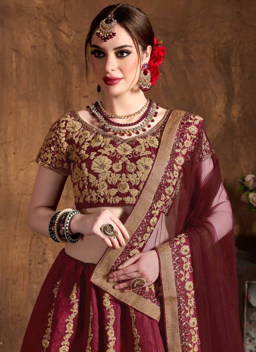 Maroon Raw Silk Embroidered Designer Lehenga Choli