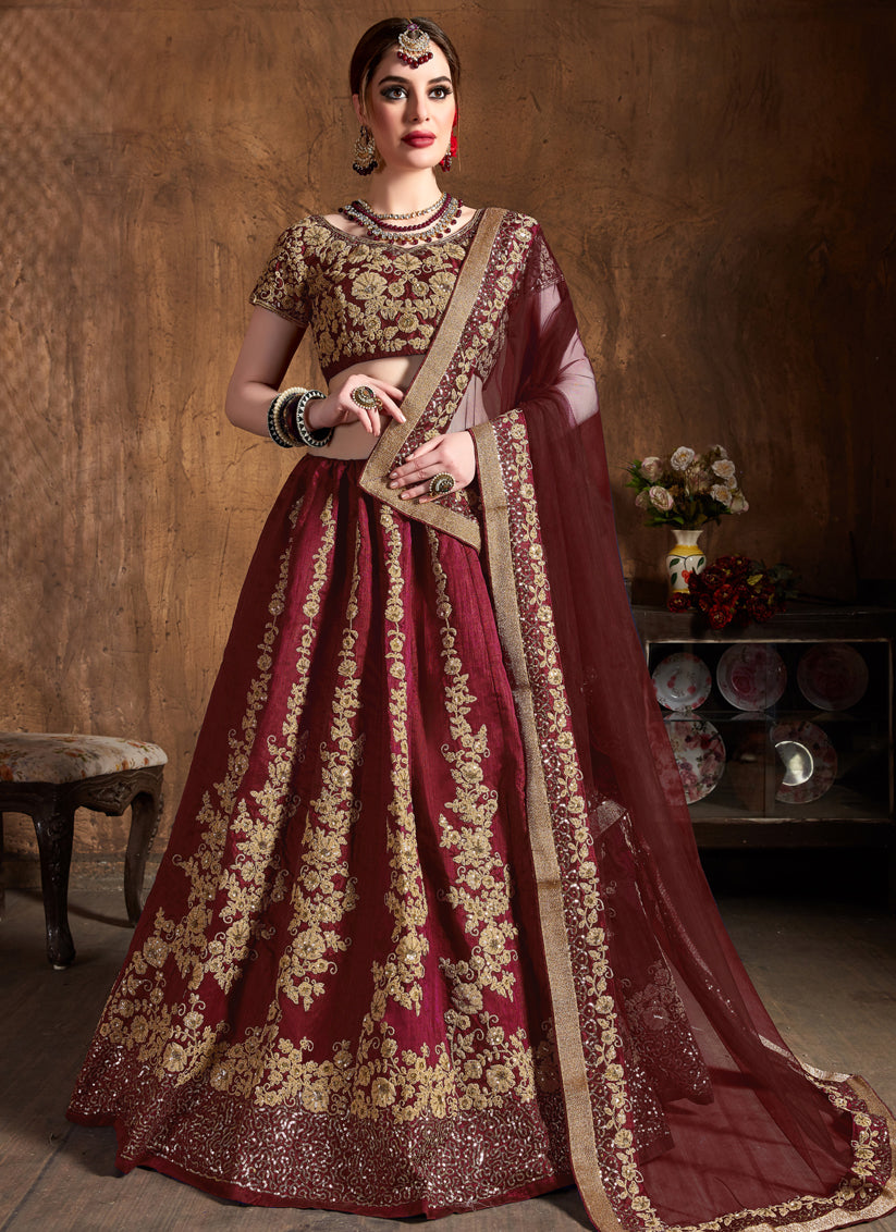 Maroon Raw Silk Embroidered Designer Lehenga Choli