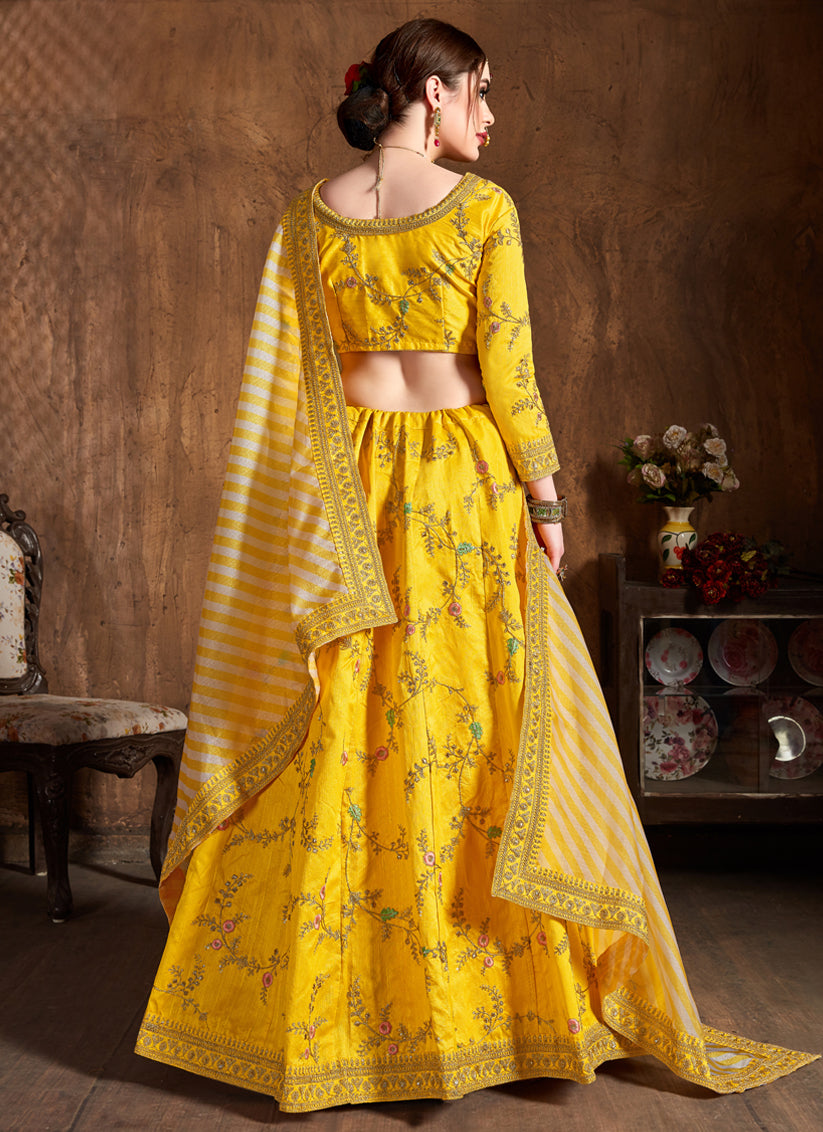 Yellow Mulberry Silk Embroidered Designer Lehenga Choli