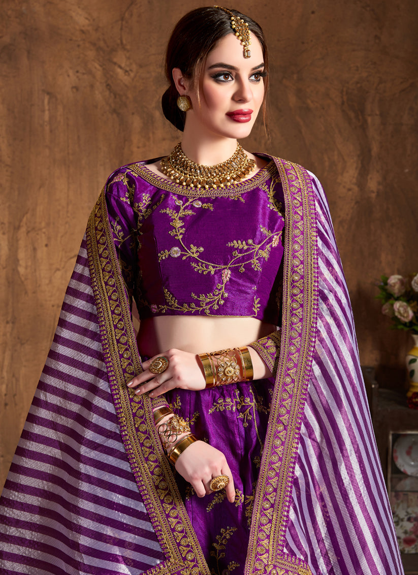 Purple Mulberry Silk Embroidered Designer Lehenga Choli