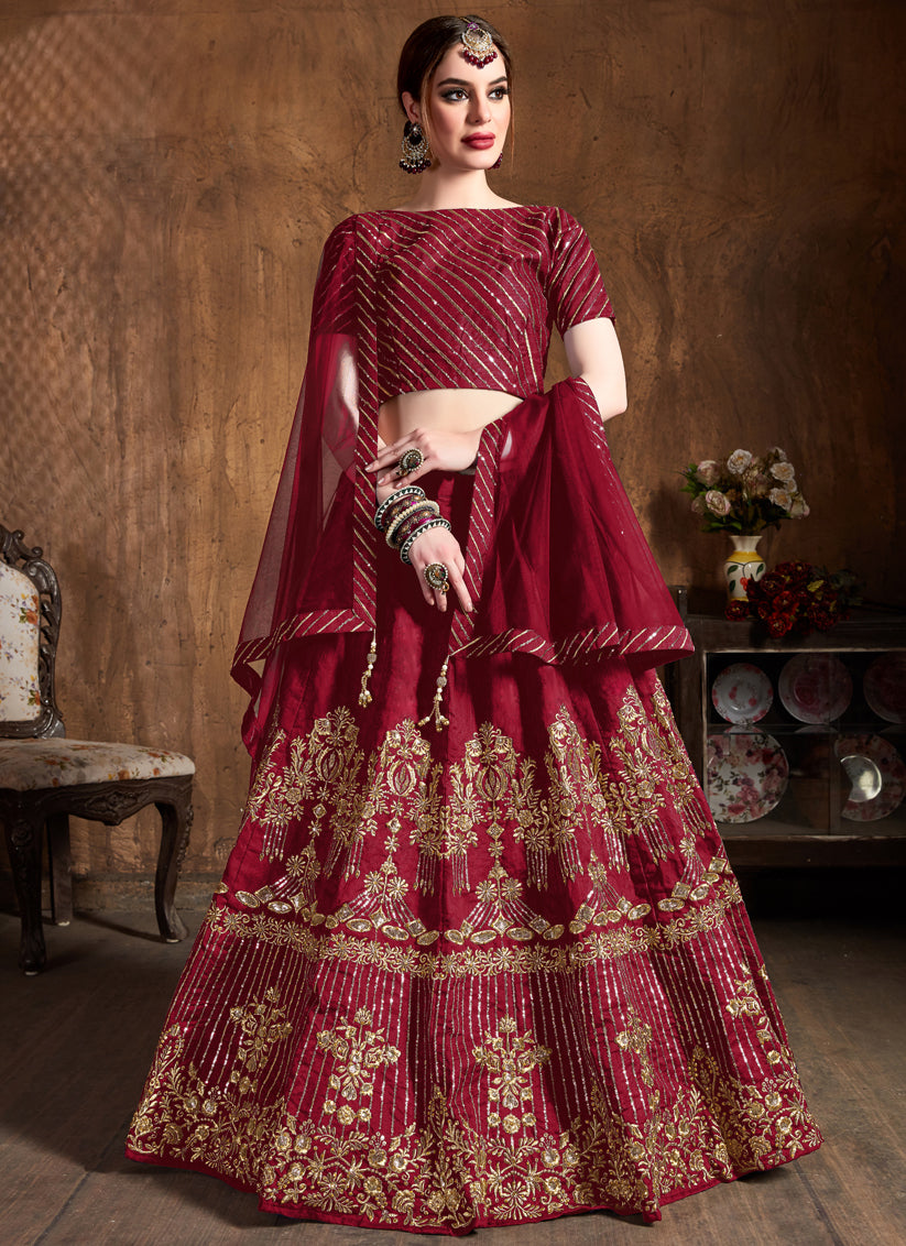 Red Art Silk Embroidered Designer Lehenga Choli