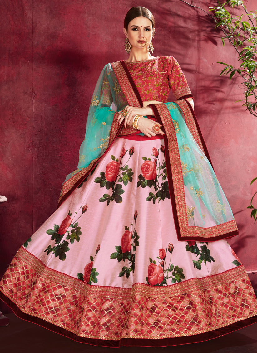 Rose Pink Heavy Banglori Silk Printed Lehenga Choli