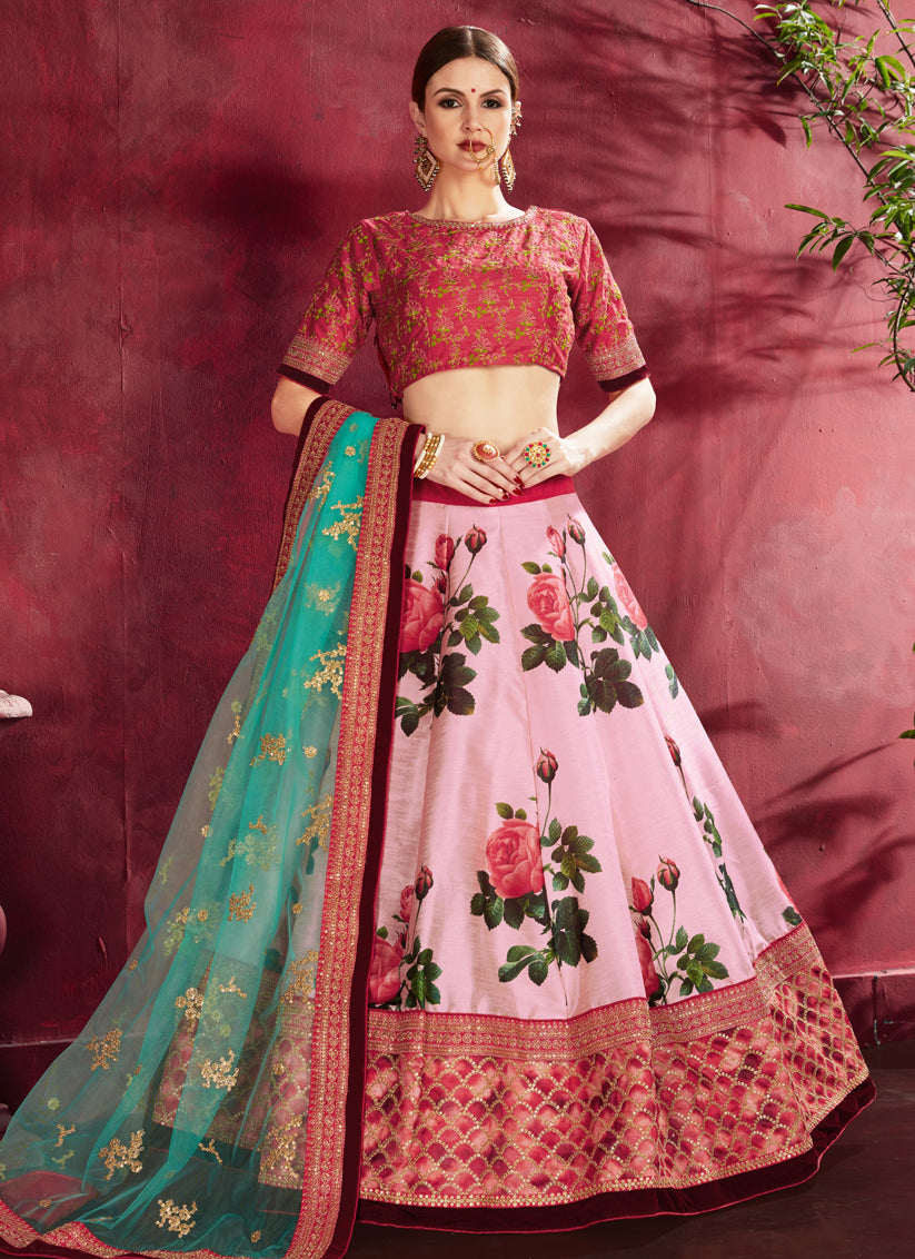 Rose Pink Heavy Banglori Silk Printed Lehenga Choli