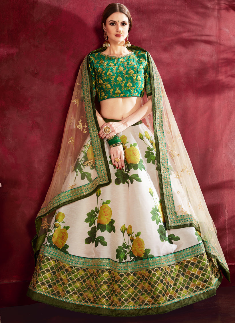 Cream and Green Heavy Banglori Silk Printed Lehenga Choli