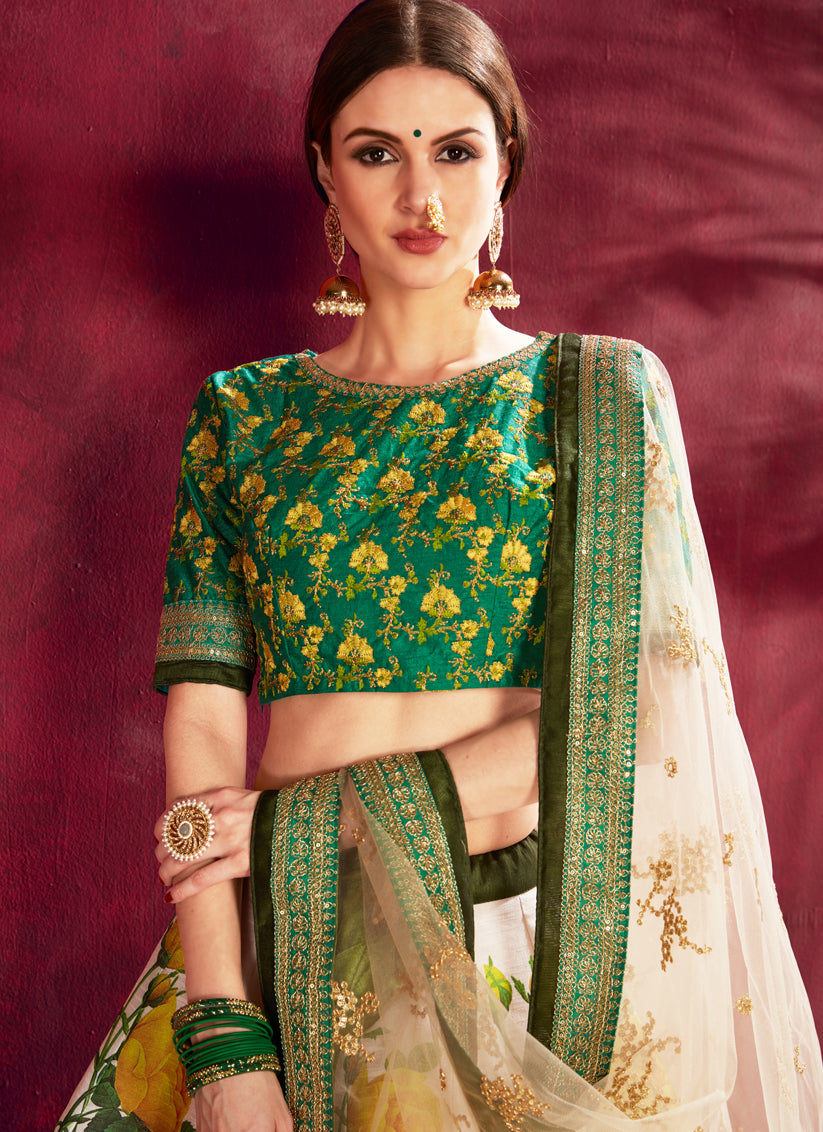 Cream and Green Heavy Banglori Silk Printed Lehenga Choli