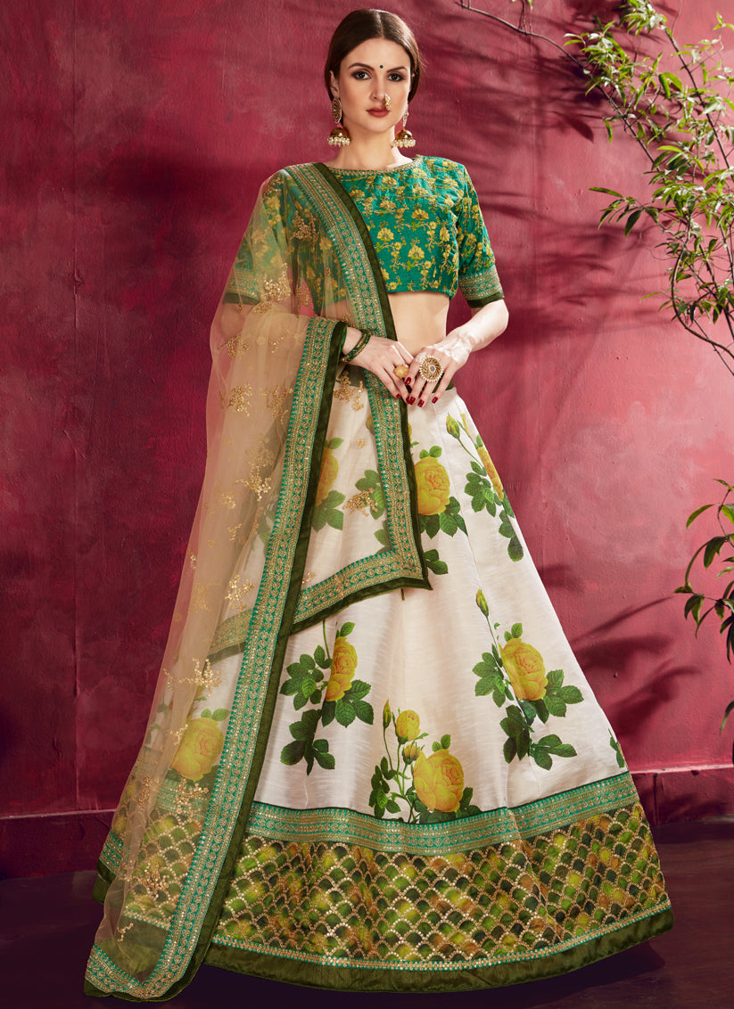 Cream and Green Heavy Banglori Silk Printed Lehenga Choli