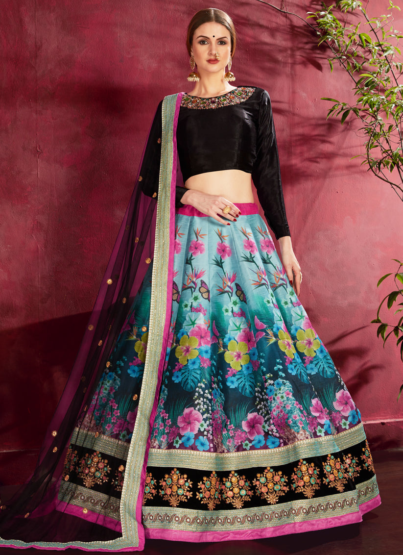 Black and Multi Color Heavy Banglori Silk Printed Lehenga Choli